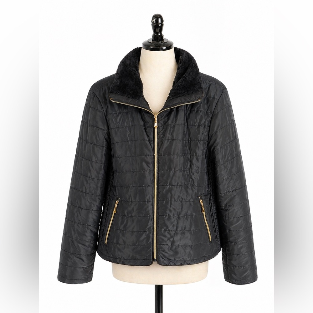 Black Quilted Puffer Jacket w/ Faux Fur Collar & Gold Zippers – Size M
